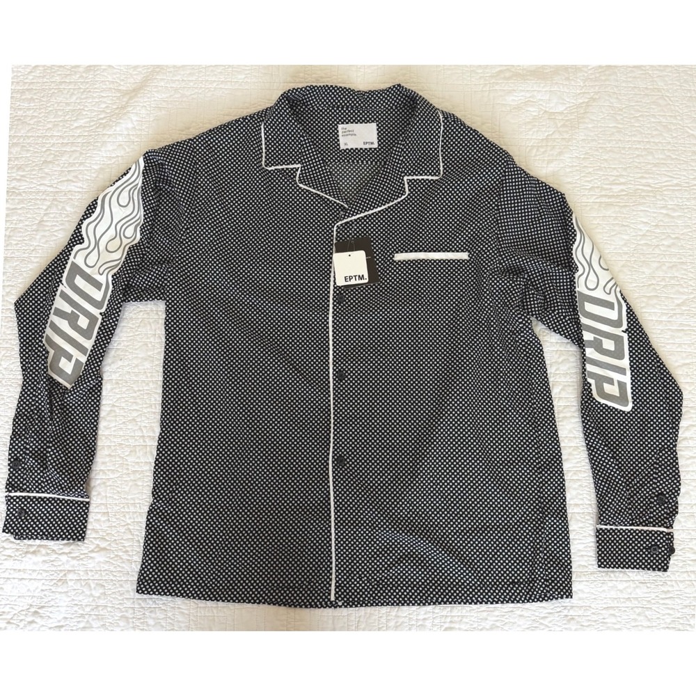 EPTM Mens XL Polka Dot Drip Graphic Flame Long Sleeve Button Down Shirt Black